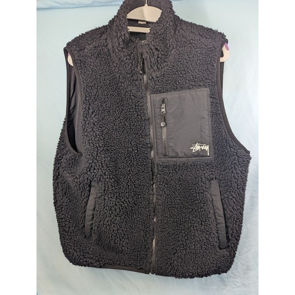 Stüssy Other - Stussy UNISEX Reversible Sherpa Black Fleece Zip Up Vest Pockets Logo Size Small